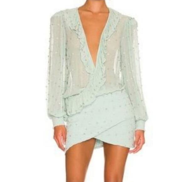 Retrofete Dresses & Skirts - Retrofete Lennon Embellished Silk Chiffon Dress in Green Size XS NWT Long Sleeve